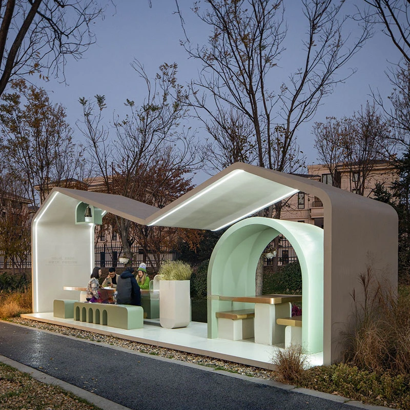 fiberglass garden landscape pavilion, outdoor art cabin, sculptural beauty, customized bar counter, tree surround