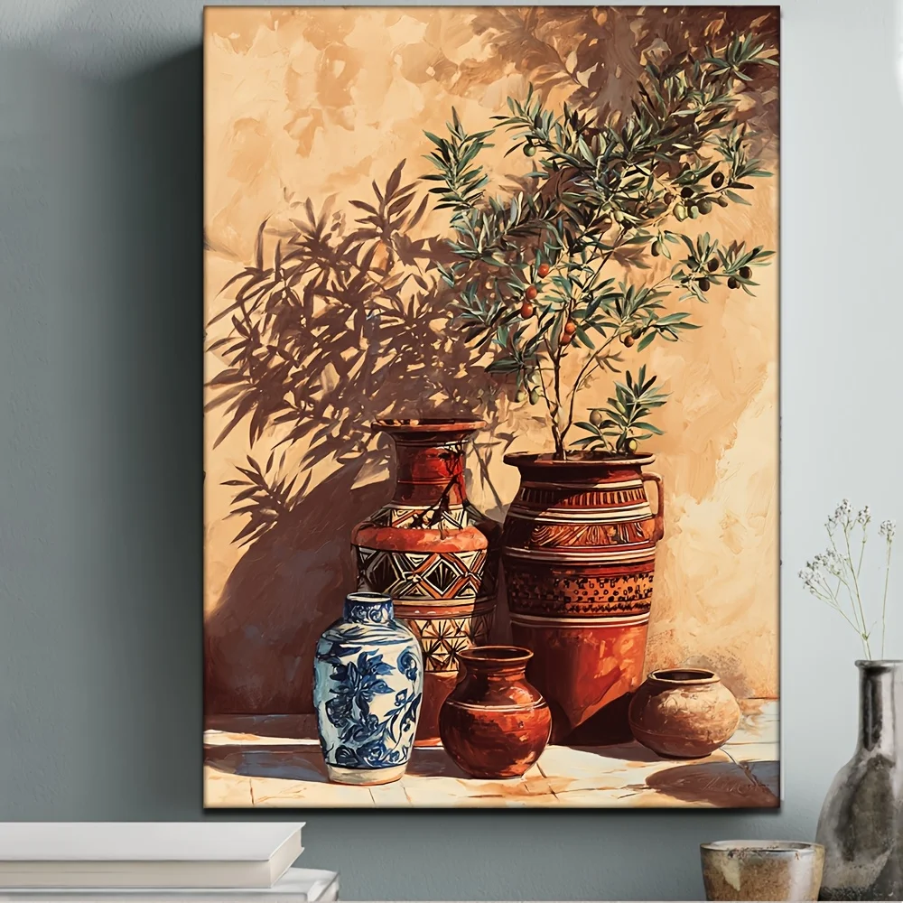 2D Flat, 1pc, with Frame, 30.48x40.64cm [2D Flat] HD Oil Painting Isian Berber Pottery Painting, Amphorae and Olive Tree Shad