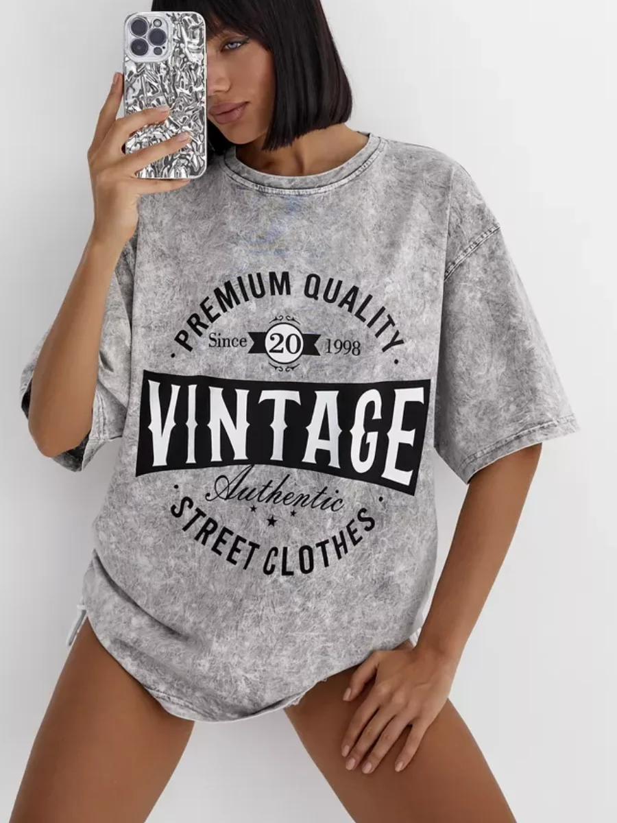 Oversize INS Short Sleeved Washed Vintage T Shirt Loose Streetwear Distressed Bf Harajuku T Shirt Weomen Printed Half Sleeved