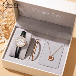 ColevKie Woman Watch Mother of Pearl Dial Diamond Round Quartz Watches Waterproof Leather Strap Elegant Lady Wristwatch Gift Set