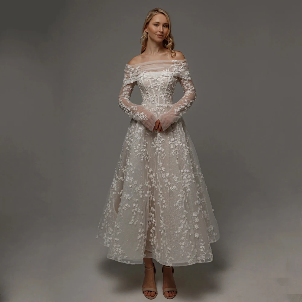 Блестящие свадебные платья трапециевидной формы с длинными рукавами и аппликацией, корсет, платья невесты для женщин, блестящий тюль, миди, платье de noiva по индивидуальному заказуБлестящие свадебные платья A-Line Пол