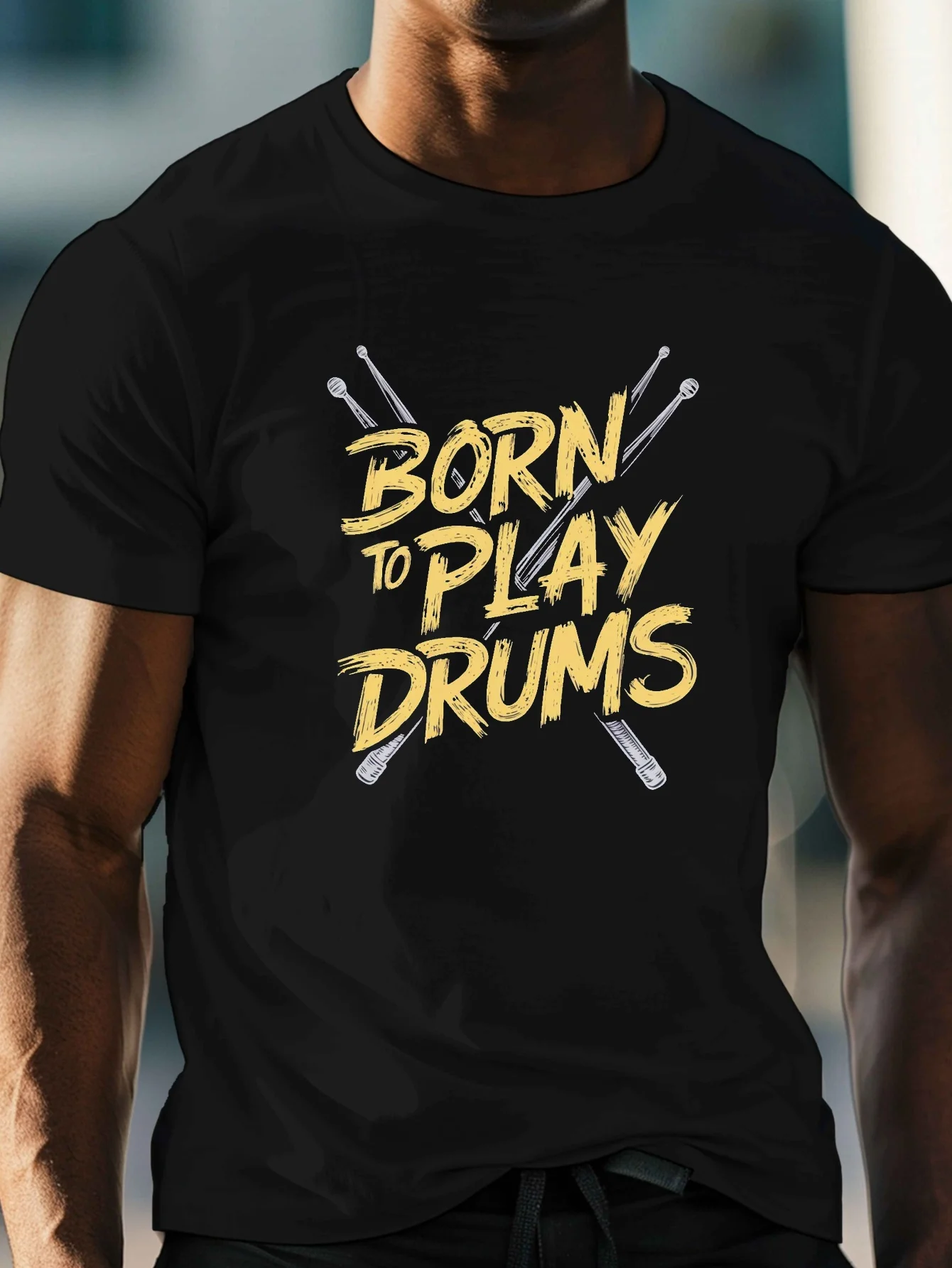 Natural Born Drummer Print Men's Round Neck Short-Sleeved T-Shirt, Casual, Comfortable, Lightweight Summer Top