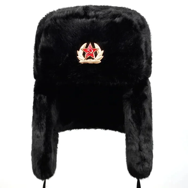 Russian Bomber Cap Outdoor Warm Earmuffs Men and Women Universal Winter Ski Caps Military Badge Thickened Hats