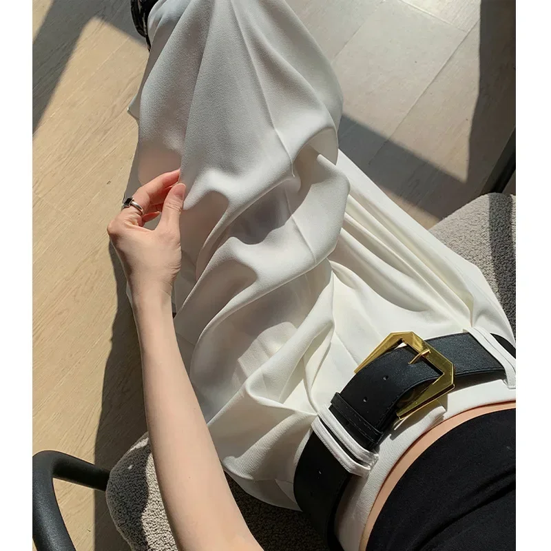 팝 여성 와이드 레그 수트 팬츠 2025년 봄 캐주얼 루즈 드레이피 트렌디 하이웨이스트 슬리밍 플로어 기장 트라우저