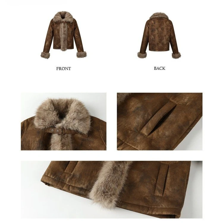 Jaqueta feminina de pele sintética outono e inverno emendada High Street Slim Fit Jaqueta curta