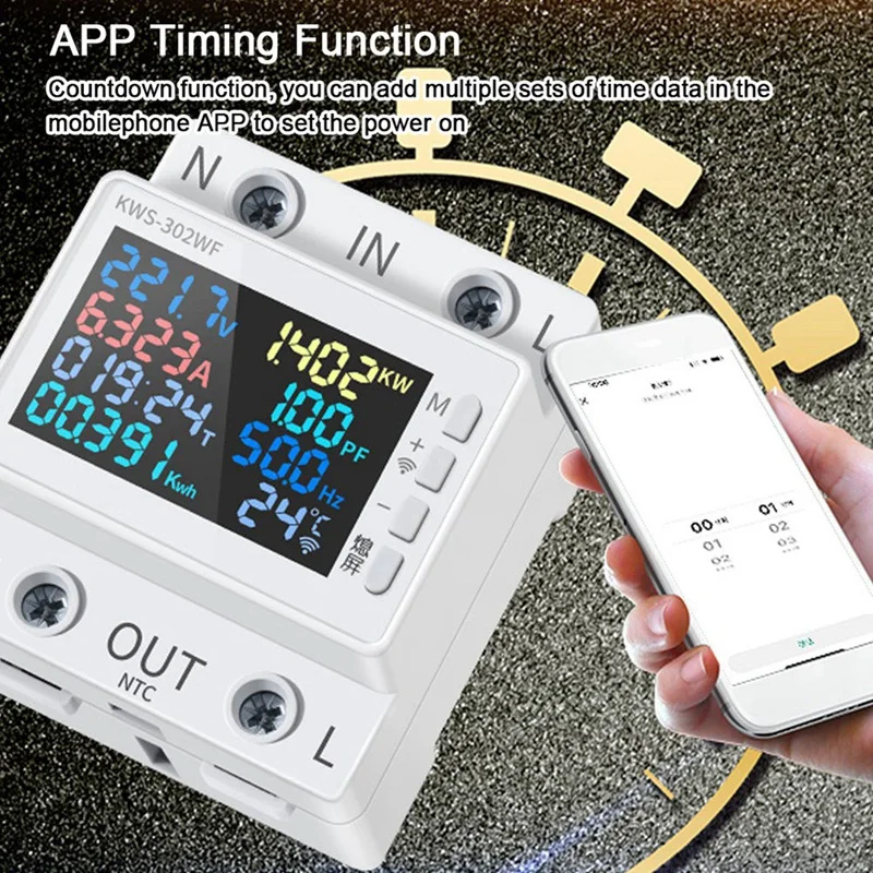Tuya Wifi Power Meter Color Screen 2P Multifunction AC Energy Meter Mobilephone Remotely APP Control 170-300V/63A Durable B