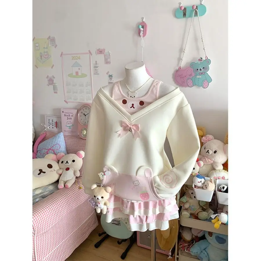 

Cartoon Rilakkuma Two Piece Long Sleeved Hoodie Kawaii Anime Cute Women's Spring Autumn Y2K Top Skirt Girsl Birthday Gifts Toys