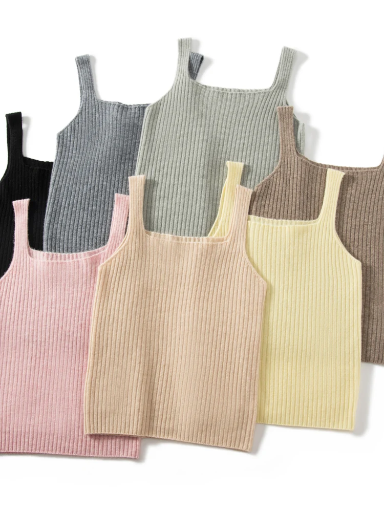 

Spring Autumn Winter Women Square Collar Vest Cashmere Sweater Pullover Sleeveless Slim 100% Cashmere Knitted Stripe Waistcoat