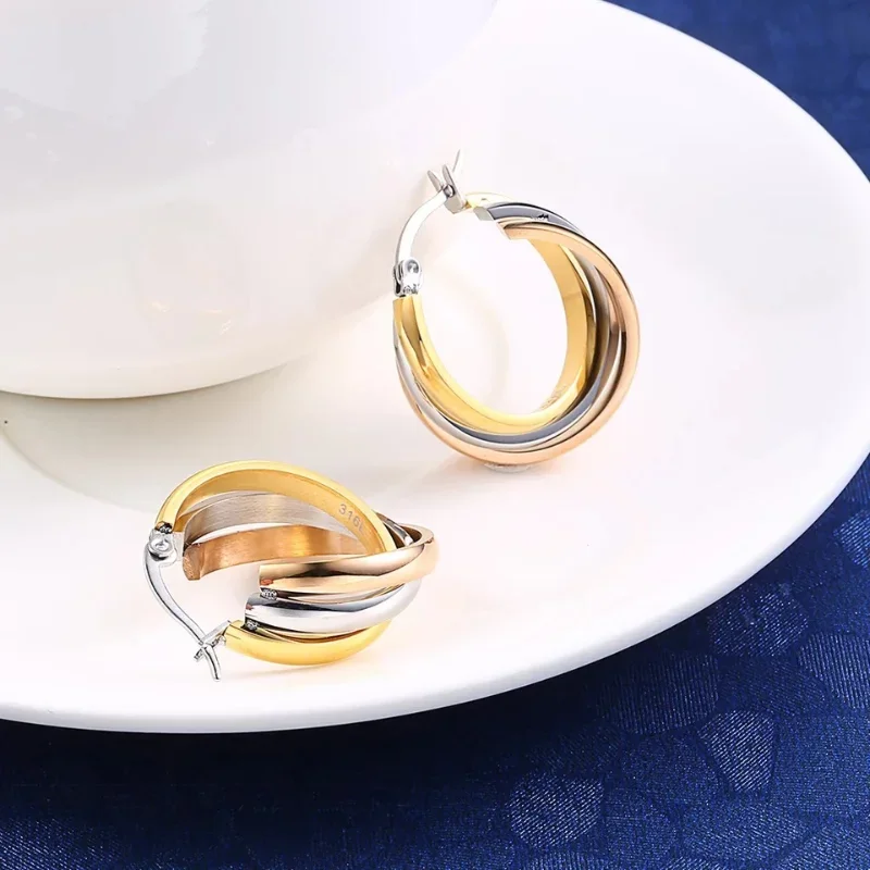 1 Pair of Stainless Steel Triple Ring Multi-layer Overlapping Gold Earrings