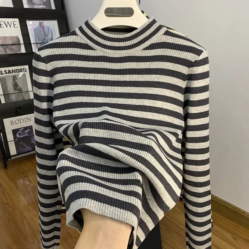 Plus Size Women Mock Neck Long Sleeve Top Autumn Winter Dralon Striped Warm Base Shirt Fat Mom Inner Wear T Shirt S 6XL