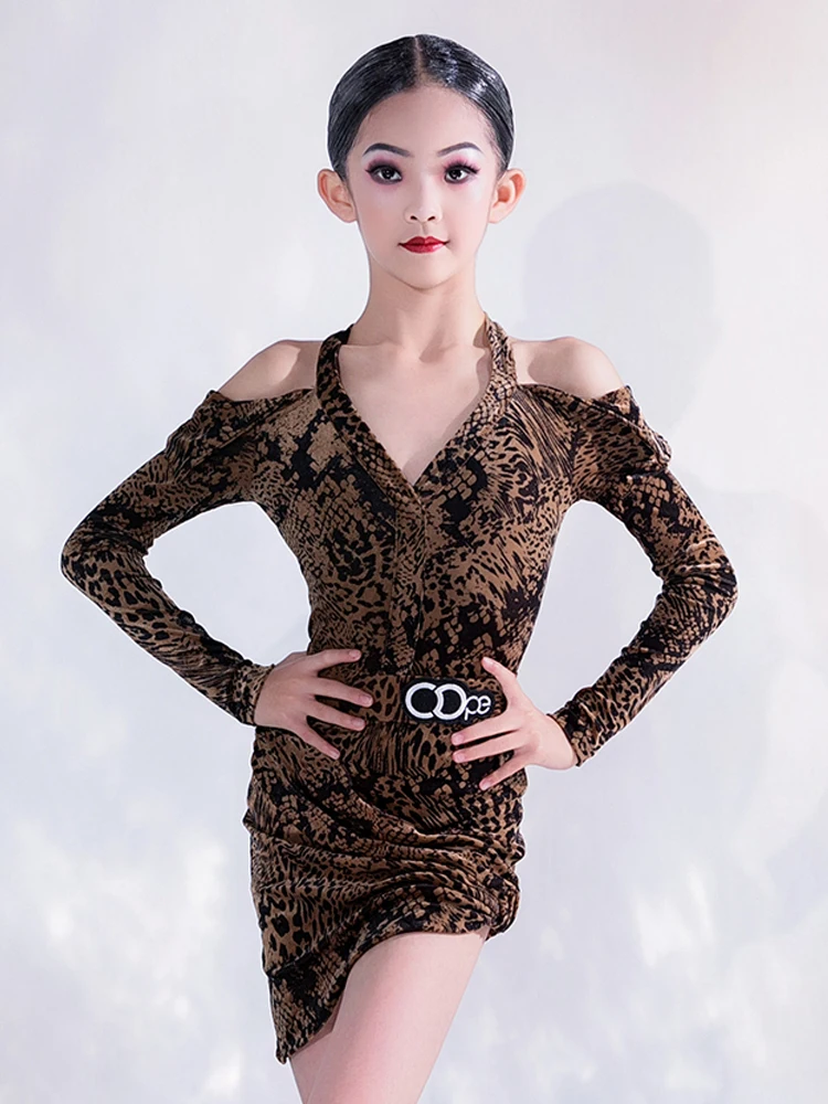 Kids Latin Dance Clothes Girls Long Sleeves Leopard Dress Suit Performance Wear Cha Cha Rumba Dance Practice Clothing BL11557