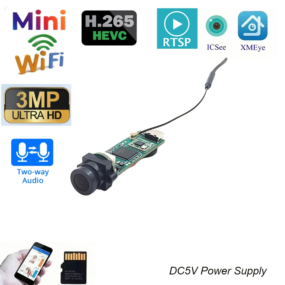Mini ICSEE Camera DIY Small 3MP HD  Wireless IP Camera Chipset PCB Motherboard Security P2P 2 Way Audio Industry Cam Smart Cloud