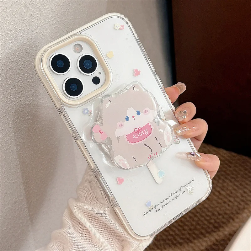 

Korean Cute Cat Magnetic Stand Holder Phone Case For iPhone 16 Pro 15 14 13 12 Pro Max Cover Shockproof Border Cases for Magsafe