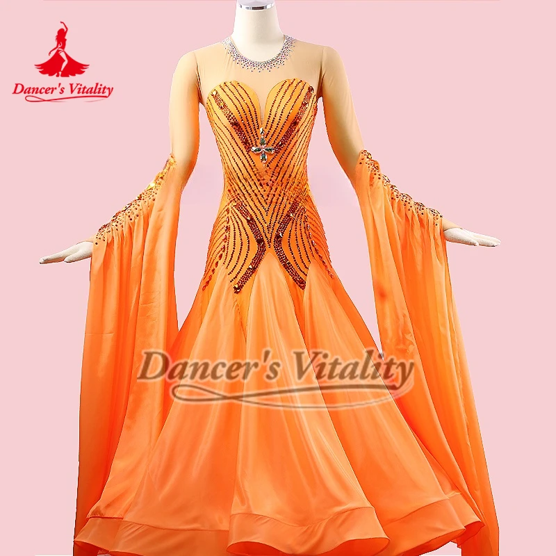 Adult Female Ballroom Dance Contest Clothing Customize Waltz Foxtrot Performance Dresses Comprising Breast Pads and Underpants