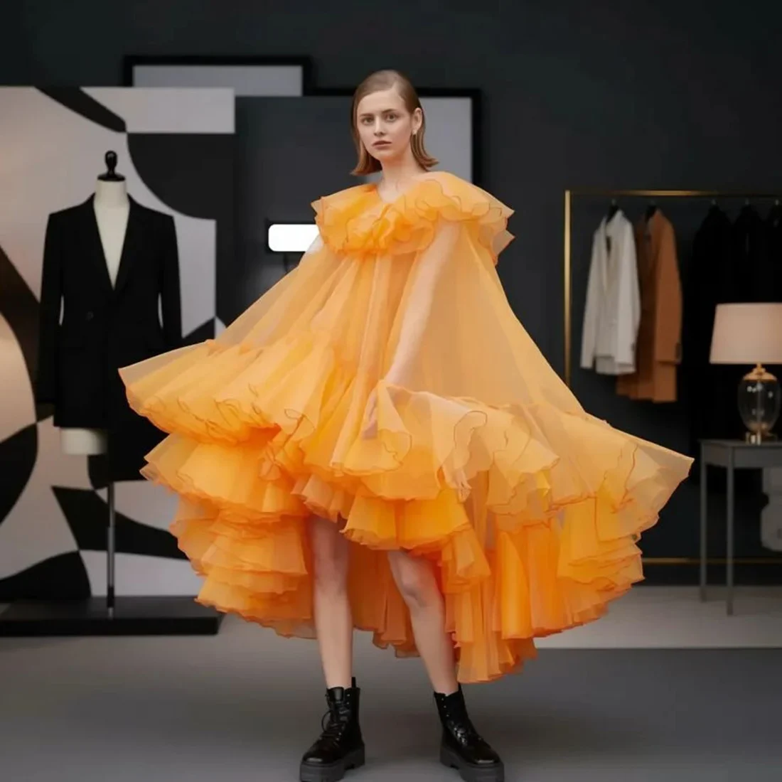 

Orange Tulle Puffy High Low Prom Dress V Neck Ruffles Long Sleeves Evening Gowns Tiered Formal Wear To Party Custom Color Size