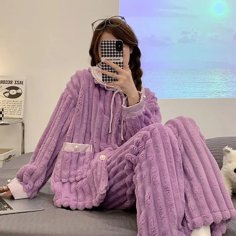 2023 New Coral Velvet Pajamas Women Winter Loungewear Thickened Plush Flannel V-neck Warm Homewear Pearl Collar Sleepwear Set