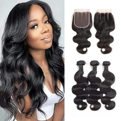 Onda do corpo Pacotes de cabelo humano com fecho, cabelo Remy brasileiro, 4x4 Lace Encerramento, 100% cabelo humano, extensões de tecer