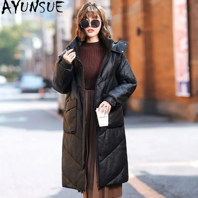 AYUNSUE-Chaqueta de piel de oveja auténtica para mujer, abrigos largos de plumón con capucha, prendas de vestir exteriores, alta calidad, Invierno