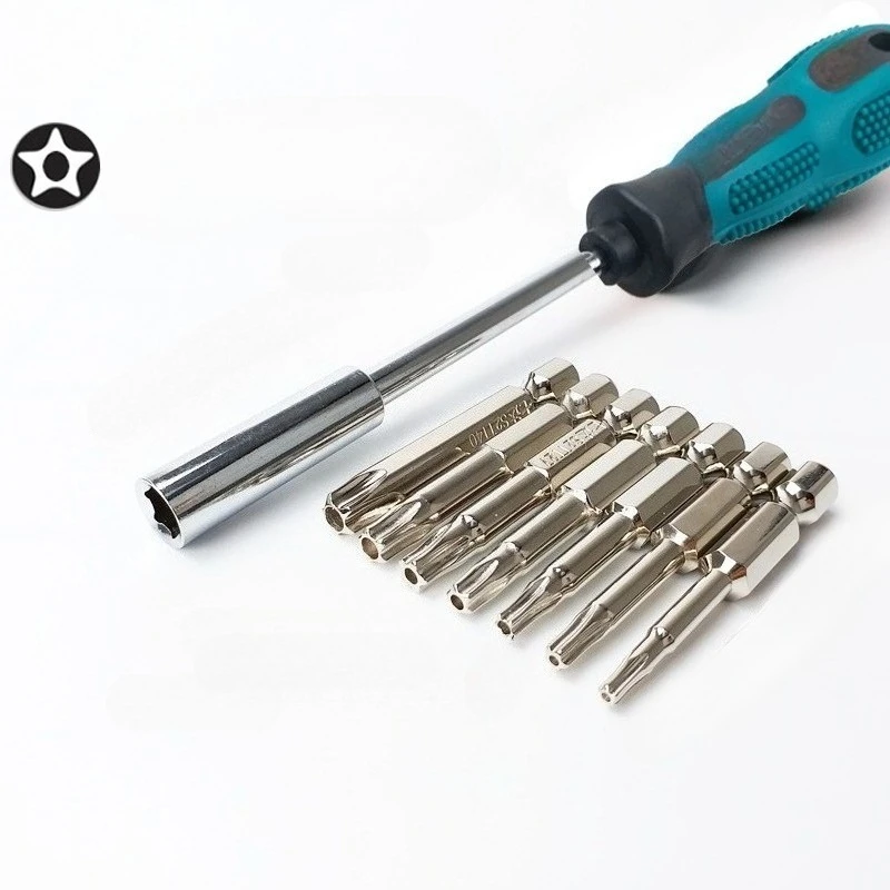 7 Stück 5-Punkt-Torx-Schraubendreher-Bits 50mm S2 Magnetischer Sternschraubendreher 1/4" Sechskantschaft T10 T15 T20 T25 T27 T30 T40