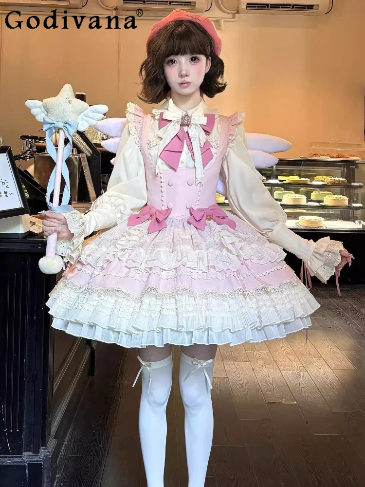 

Original Sweet Girls Cos Lolita Dress Set New Spring Summer Women's Cute Bow Long Sleeve Shirt Slim Lace Pink Suspender Dress