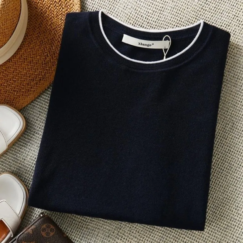 2022 Summer New Women\'s Knitted Sleeve Loose Navy Blue Solid Spliced O-Neck Half Casual Shirts Tops Mujer Blusas Female 2797