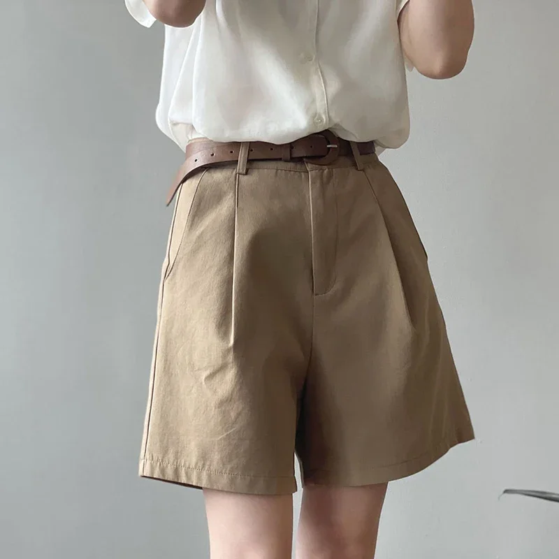 Belt Pure Cotton Shorts Women High Waist Wide Leg A Line Suit Shorts Office Lady Korean Solid Loose Casual All Match Short Pants