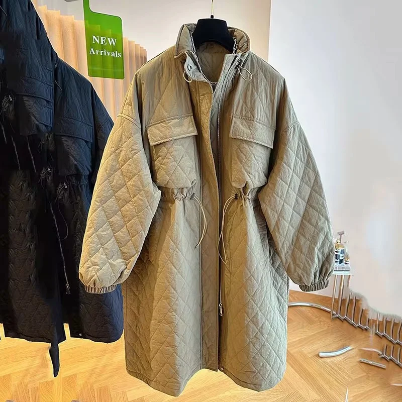 2024 Autumn Winter New Drawstring Waist Rhombus Cotton-Padded Jacket Women Loose Long Windbreaker Coat With Cotton Jacket Female