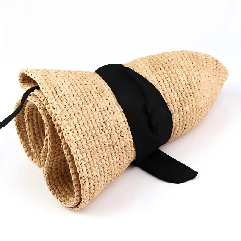 Foldable Wide-Brim Raffia Straw Hats Crocheted Bowknot Sun Protection Straw Hat for Summer Beach Vacation Sun Hat