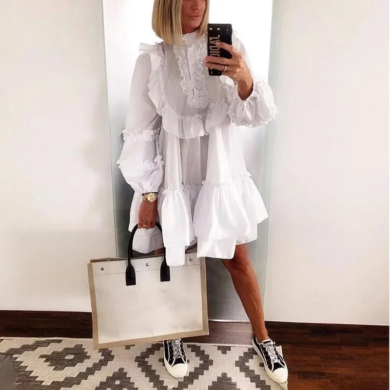 2023 Vestidos Mulher Elegant White High Neck Ruffle Dress Sexy Autumn Long Sleeve Short Loose Dresses Fashion Puff Sleeve Dress