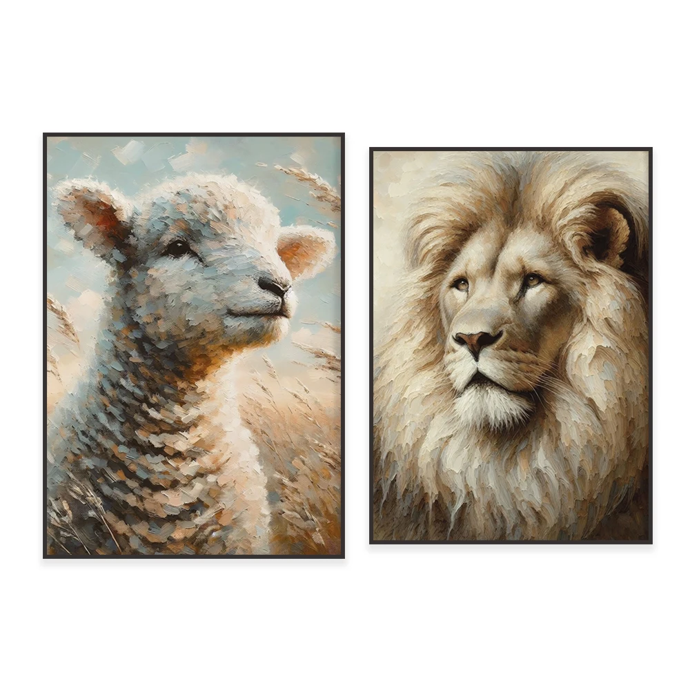 

Lion of Judah Lamb of God Religious Easter Wall Art Printable Christian Vintage Oil Painting Artwork Poster Print, Room Decor