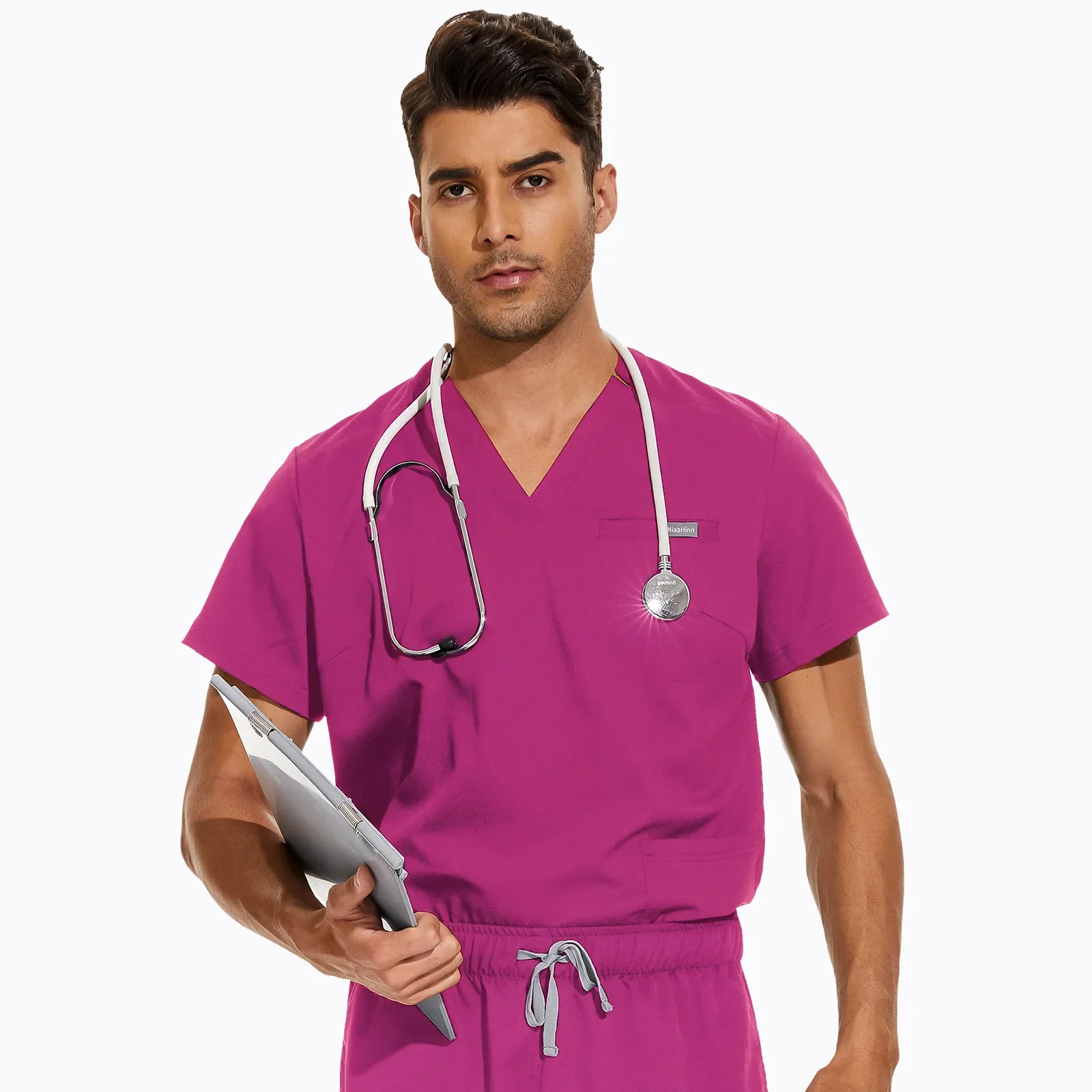 Ensemble uniforme d'infirmière hospitalière à col en V pour femmes, désinfectant pour les mains version coréenne, vêtements de travail unisexes pour médecins à manches courtes, grande taille