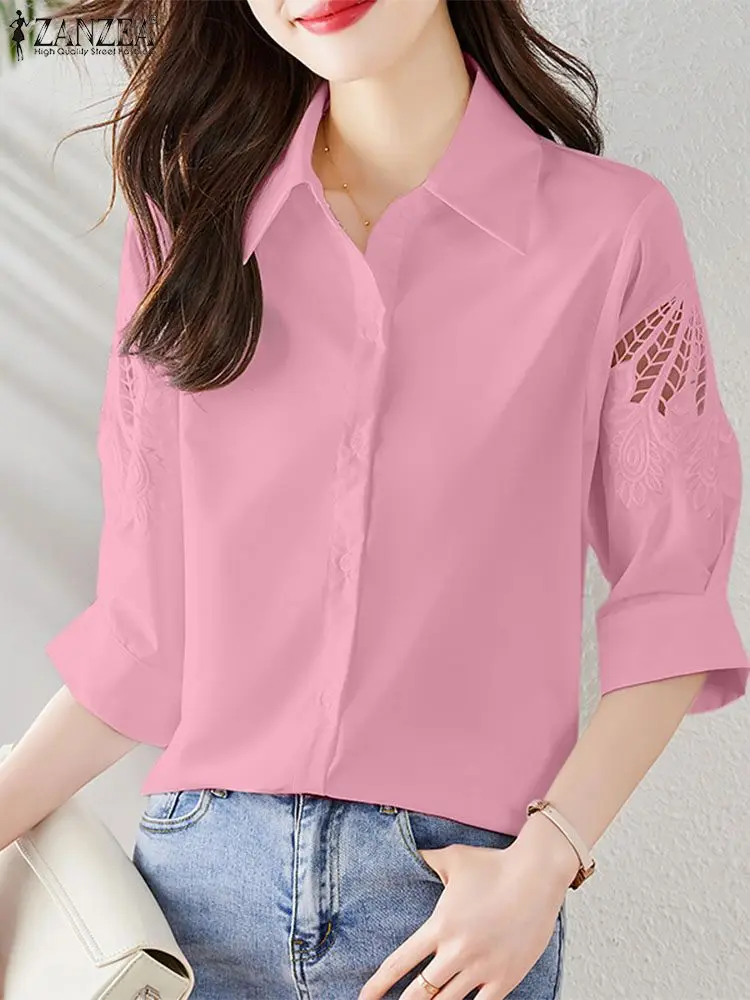 2024 ZANZEA Women Summer Shirt Elegant Solid OL Work Blouse Fashion Lapel Neck Half Sleeve Blusas Femme Lace Crochet Tops Tunic