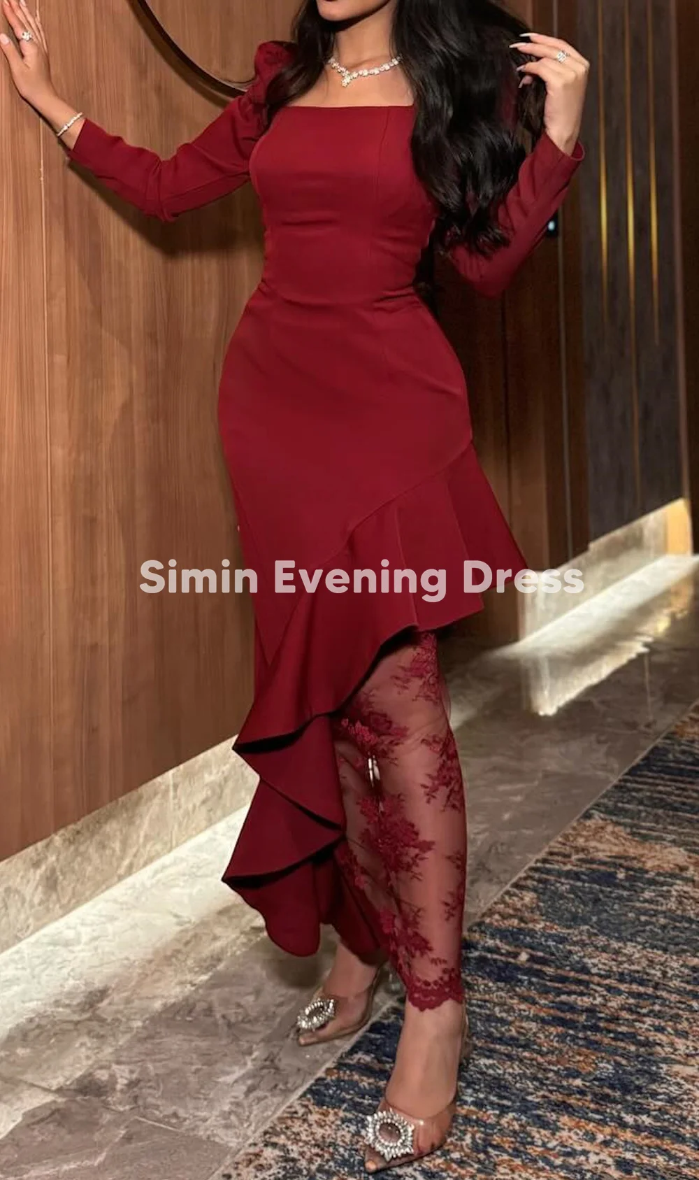 시민 여성 크레이프 스퀘어넥 롱 슬리브 이브닝 드레스, 사이드 슬릿 러플 발목 기장 레이스 패치워크 프롬 가운 2025