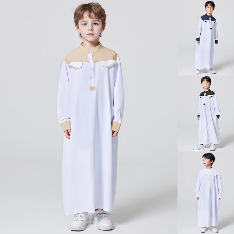 Ramadan Jungen Mittlerer Osten Islam Langarm Arab Dubai Robe, muslimische lässige ethnische Stil Jungen Langarm Thobe Abaya Kleidung