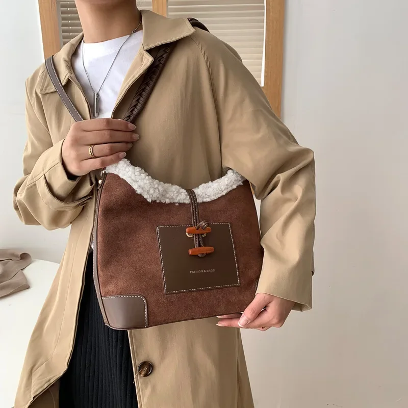New Trend Vintage Brand Design Lambswool Suede Shoulder Crossbody Bags For Women Winter Ladies Messenger Bag Tote Big Purse Lady