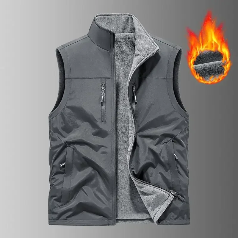 

Men's Fleece Lined Double Sided Wearable Vest Autumn Winter New Style Warm Collar Multiple Pockets Casual Fishing Jacket
