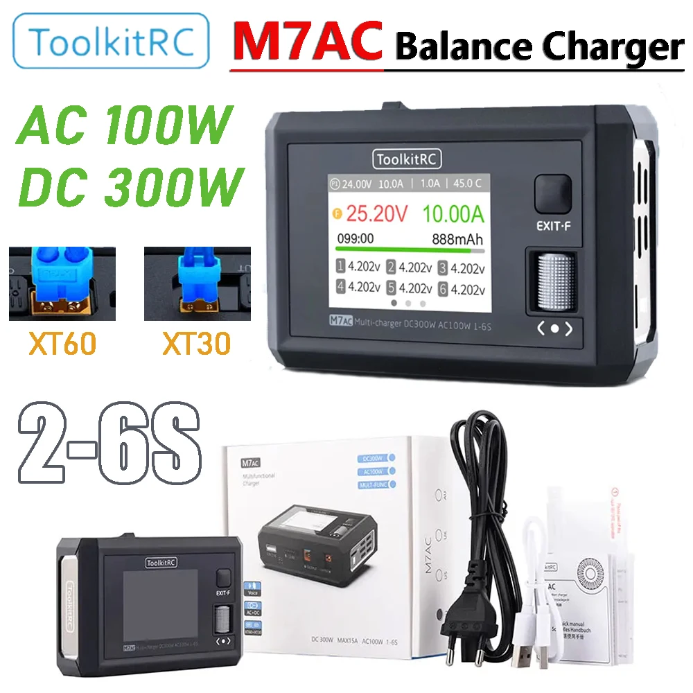 

ToolkitRC M7AC Balance Charger AC 100W DC 300W Input XT60 XT30 Output Multifunction Smart Charger for RC FPV Drone Aircraft Car