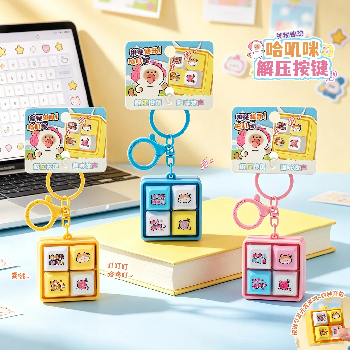 Cute Mini Keyboard Press Pendant Keychain Kawaii Cartoon Cat Print Sound Button Keyring Bag Charm Stress Relief Gift Key Chains
