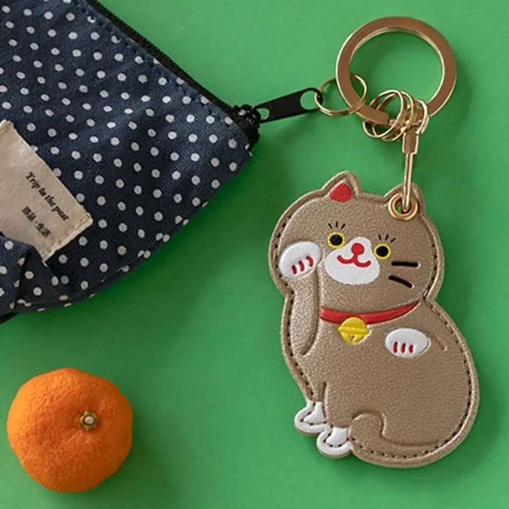 Cute Cartoon Cat Access Card Holder PU Leather Small Card Pendant Portable with Keychain Key Pouch