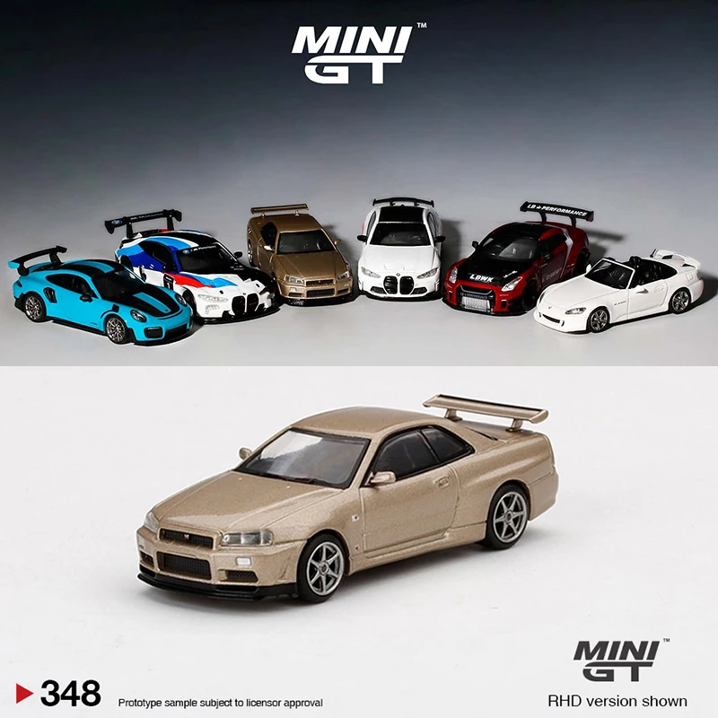 

MINI GT 1:64 Model Car Skylnie GT-R (R34) M-Spec Alloy Die-Cast Vehicle #348 Gold