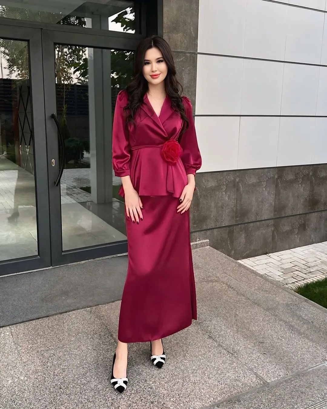 

Customized Long Sleeves Prom Dresses Two Pieces V Neck Bridesmaid Dress Flowers Ankle Length Long Special Party Dresses