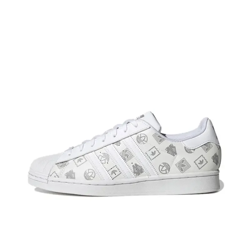 Adidas Originals Superstar White Printed Men's and Women's Lightweight Comfortable Wear Resistant Non-slip Low-top Board Shoes