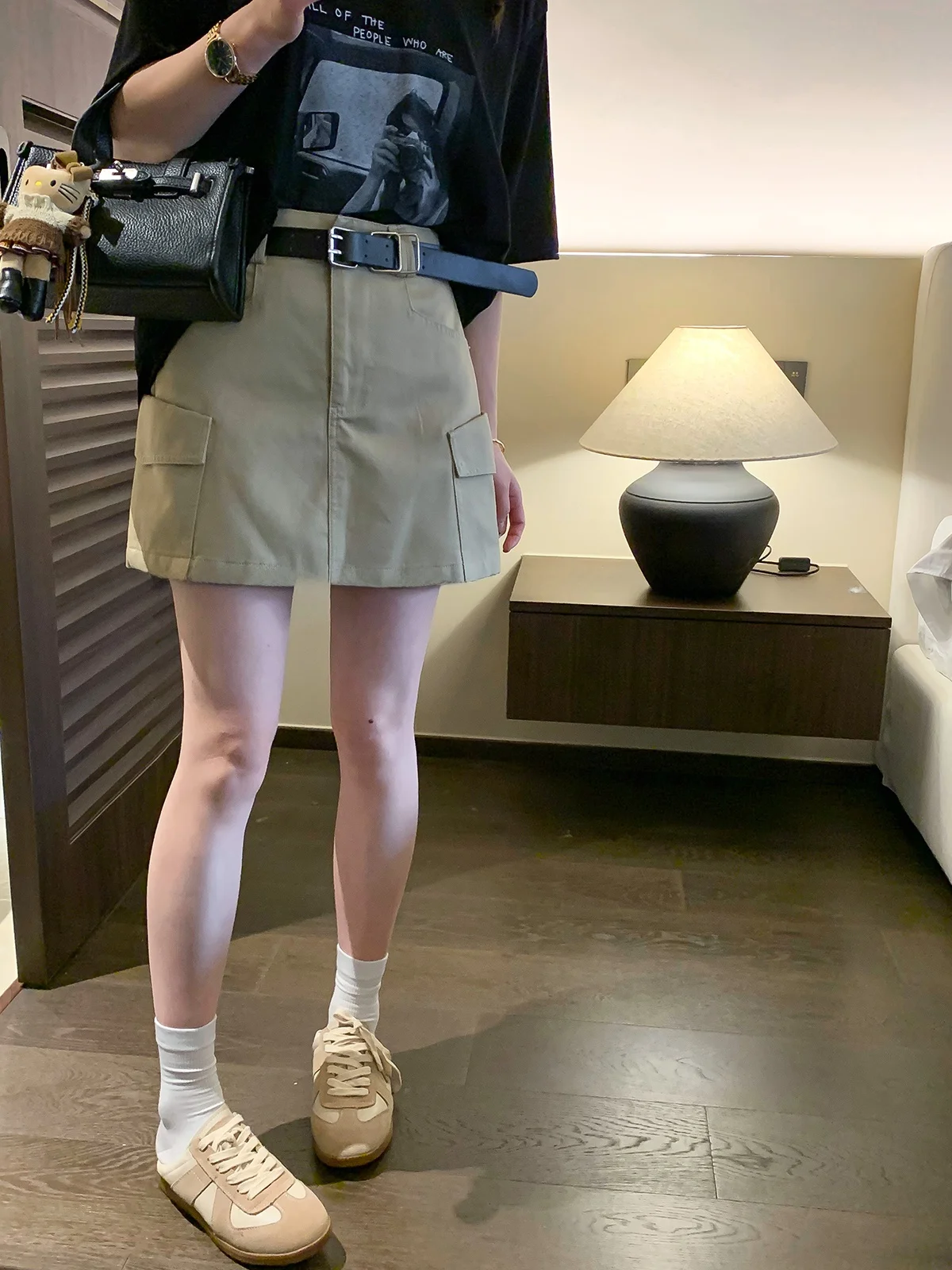 Khaki Workwear Half Skirt with Belt Women's Fashionable Versatile Short Skirt Love Devil Fish Brand Commute High Waist A-Line...