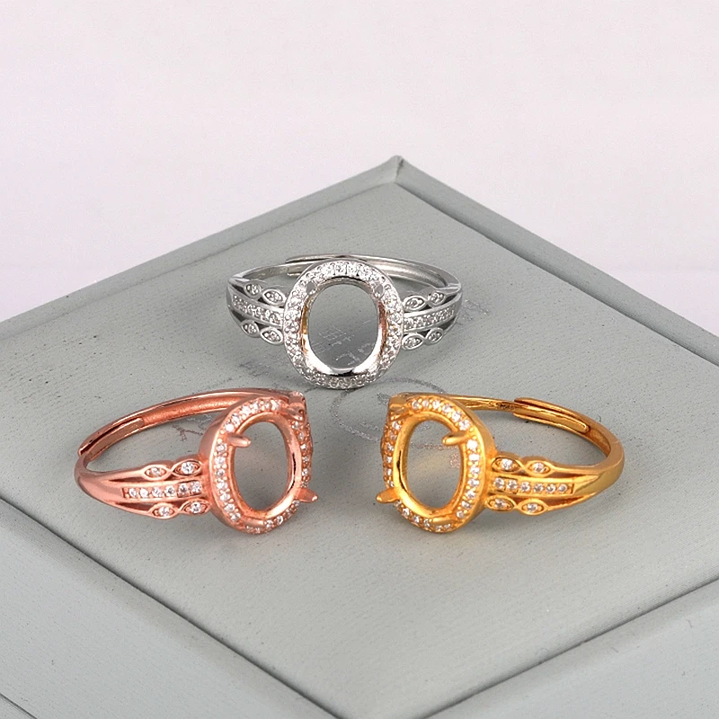 

925 Sterling Silver Engagement Wedding Ring 9x7mm Oval Cabochon Semi Mount Ring Cubic Zirconia