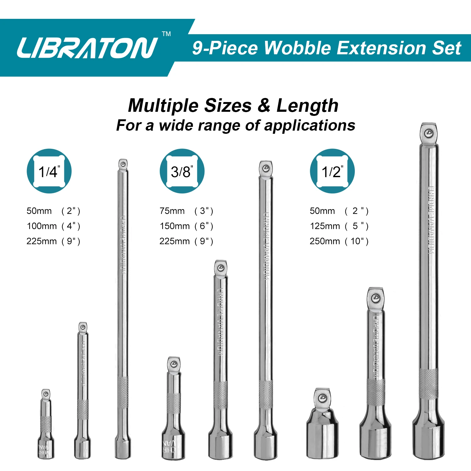 Libraton 9Pcs Wobble Extension Set 1/4\'\' 3/8\'\' 1/2\'\', Wobble Socket Extension Set, Drive Socket Extension Bars