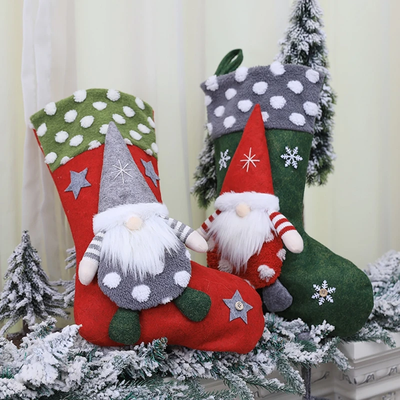 Christmas Stockings 3D Large Gnomes Soft Classic Red and Grey Fireplace Hanging for Gifts Family Holiday Xmas Party Decorations