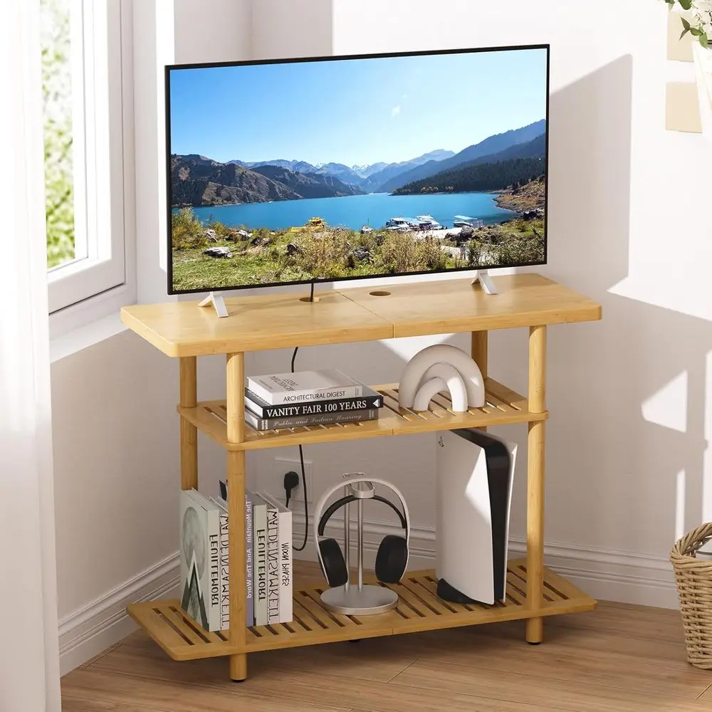 

3-х уровневая бамбуковая подставка для телевизора с диагональю до 32-дюймовых телевизоров с открытым хранилищем, подходит для гостиной и углов.