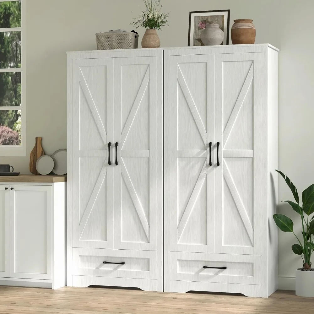 

Set of 2 Farmhouse Pantry Cabinet, 69” Tall Pantry Storage Cabinet with Barn Doors & Adjustable Shelves & Drawer, Freestanding
