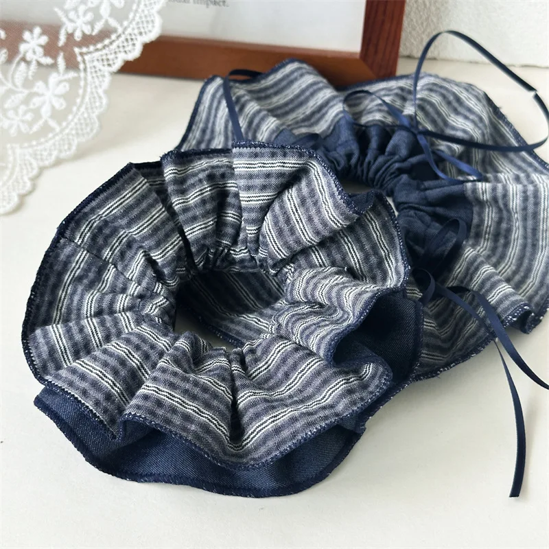 

Ретро консервативный стиль, высокое качество, синяя полосатая джинсовая двухцветная резинка для волос, модная тканевая большая резинка для волос, аксессуары для волос