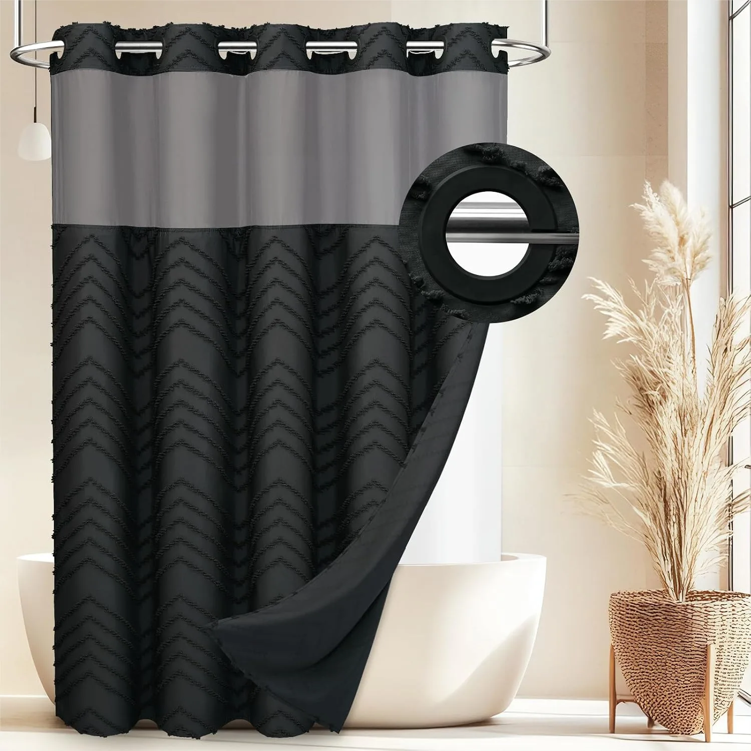 

No Hook Shower Curtain with Snap-in Liner, Black Tufted Chevron Striped for Bathroom, 71x74 Inches